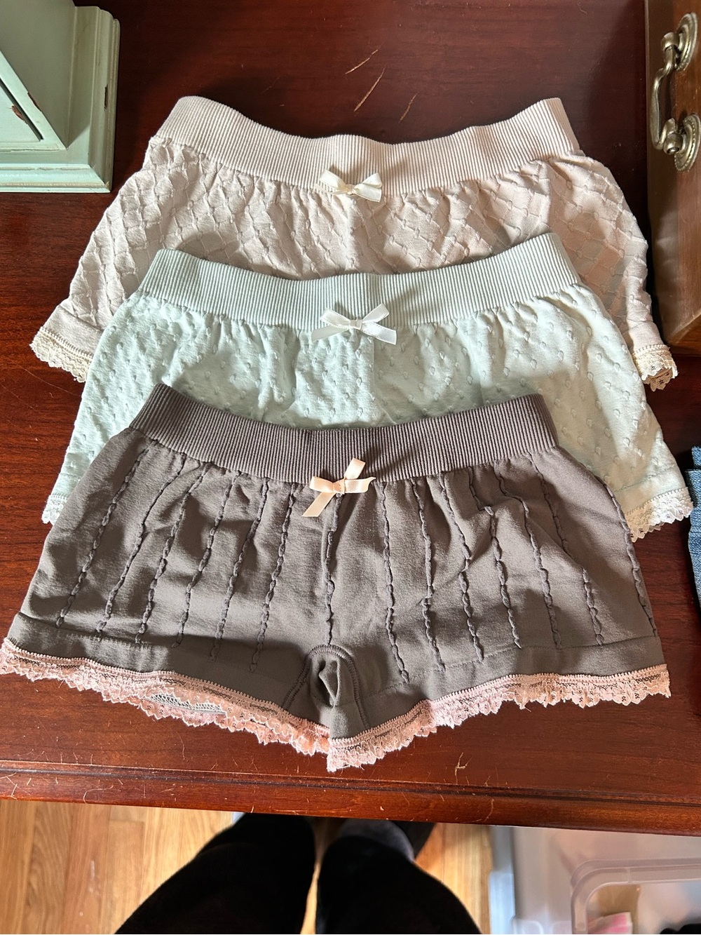 Intimately by Free People Lace Trim Knit Shorties 3 Pack (Taupe, Cream, Mint)